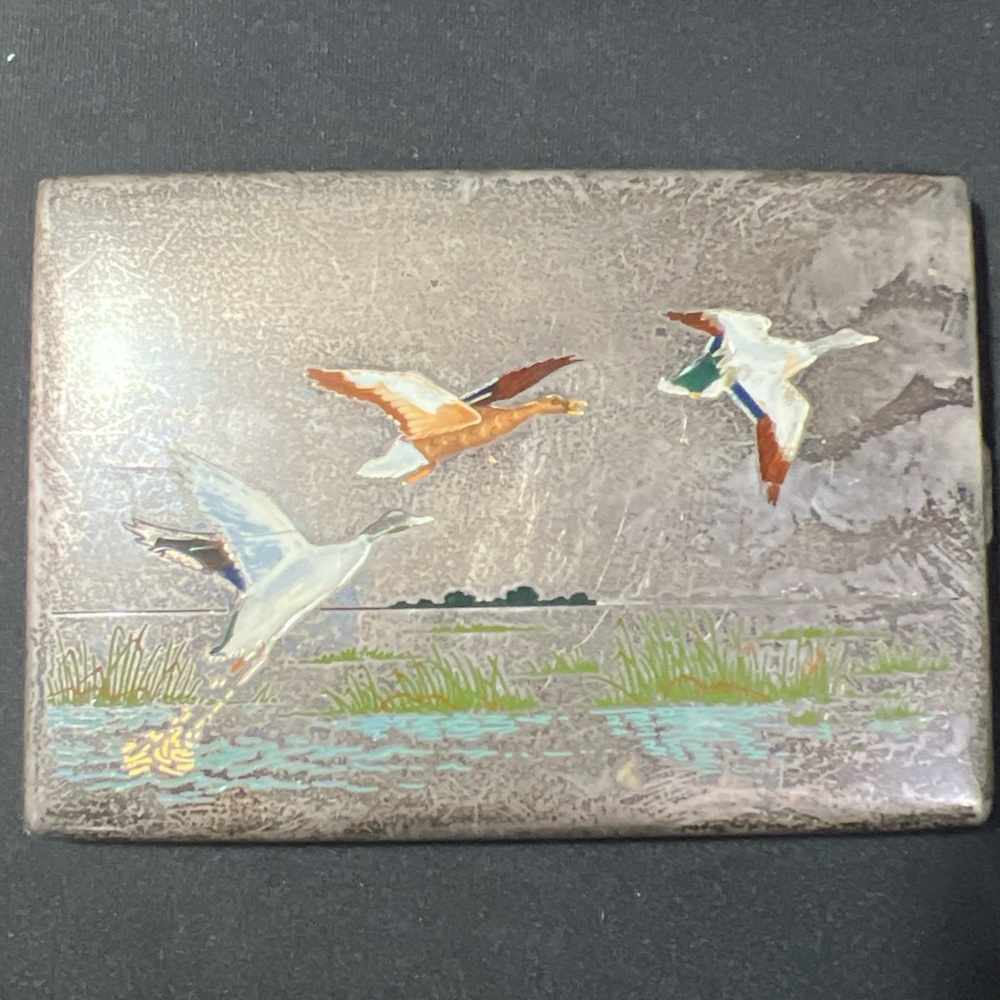 Antique Charles Thomae Sterling Silver Enamel Flying Ducks Cigarette Case c1940s